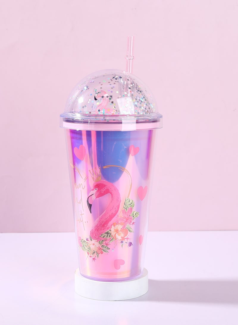 Flamingo Tumblers with 3D Tail & Glitter, Durable Flamingo Drinking Cup with Straw, Reusable Tumblers - Semi-Transparent - Double Walled Flamingo Tumblers